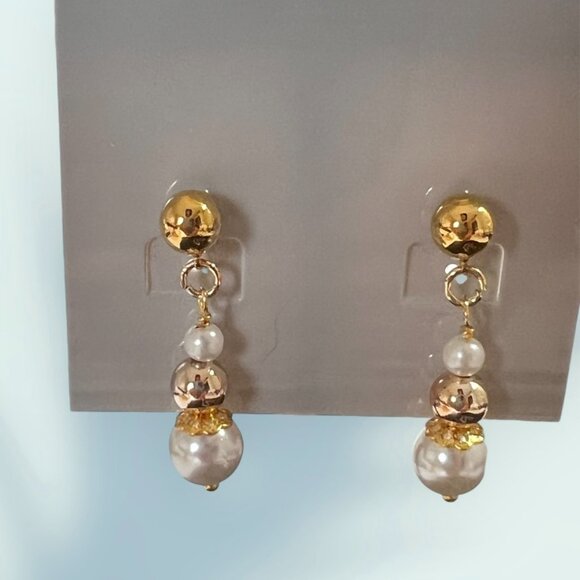 B.C. Lind 14KGE Faux Pearl Necklace Gold Chain Link 18" Retro Classic & Earrings - Picture 6 of 7